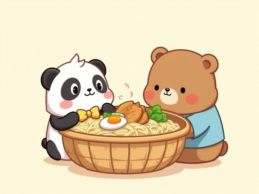 The image features two cute animated characters sitting beside a large round woven basket filled with food. The character on the left is a small white panda with black ears, big round eyes, and rosy cheeks, wearing a yellow bow. On the right is a brown bear with small ears, wearing a blue shirt and sitting with a soft expression. The food in the basket appears to be a noodle dish topped with chicken, herbs, and halved eggs, set against a light beige background.
