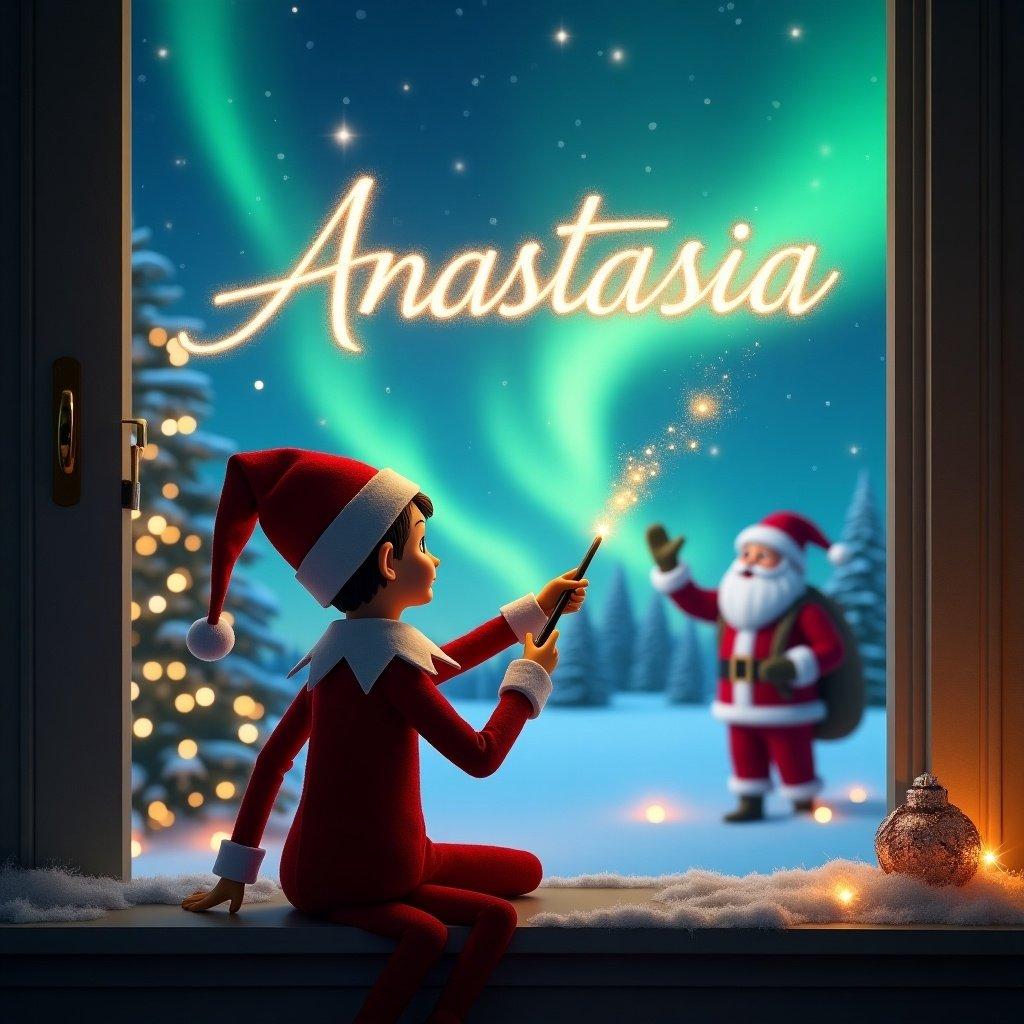 Elf character writing Anastasia in the sky with a wand. Magical Christmas scene. Northern lights in the background. Santa in the distance. Cozy interior setting.