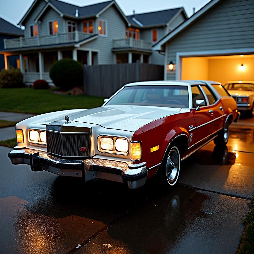 A vintage 1975 Ford Gran Torino wagon parked in a suburban area during the night. The vehicle features a red body with chrome accents. Wet pavement reflects the car. Soft overcast skies illuminate the scene.