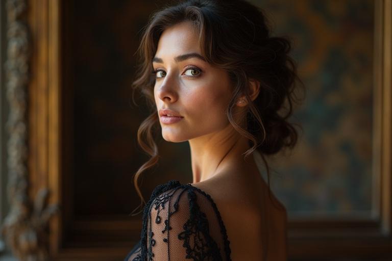 Image features an elegant middle-aged Italian female wearing a sophisticated black lace dress. The background shows a classic ornate interior with warm tones. Focus on her graceful posture and fashionable attire.