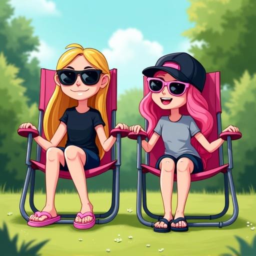 Two cartoon girls sitting in camping chairs in a garden. They enjoy a hot summer day. Brianna has long dark-blonde hair, wears sunglasses, a black shirt, navy-blue shorts, and pink flip-flops. Brandy has pink hair, wears sunglasses, a black cap, a grey shirt, black shorts, and black flip-flops.