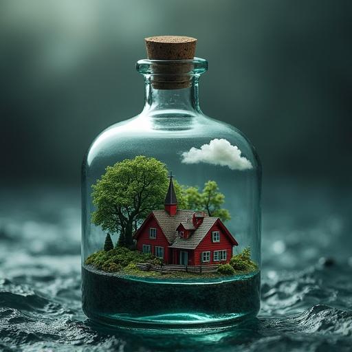 Photorealistic artwork of a miniature idyllic village in a glass bottle. Red Scandinavian houses and church among trees and clouds. Bottle half-submerged in a dark ocean. Strong glare due to dramatic backlighting. Ship-in-a-bottle theme with ultra-detail.