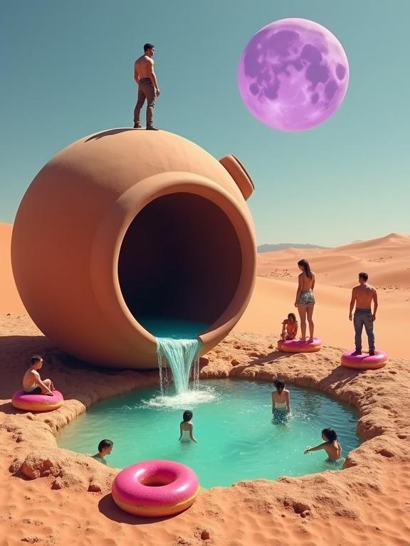 Surreal desert landscape with a giant earthen jar spilling water into an oasis. A man stands on the jar. Figures jump into the water from the jar. A woman balances on pink donuts. A couple creates a sculpture. A giant purple moon is in the sky.