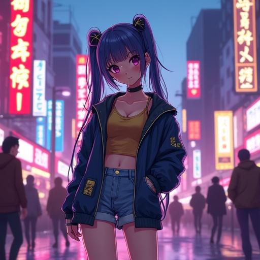 Anime girl with bold hairstyle, fashionable outfit, standing on the street in a neon lit city. Background features vibrant neon signs, urban atmosphere, city life.