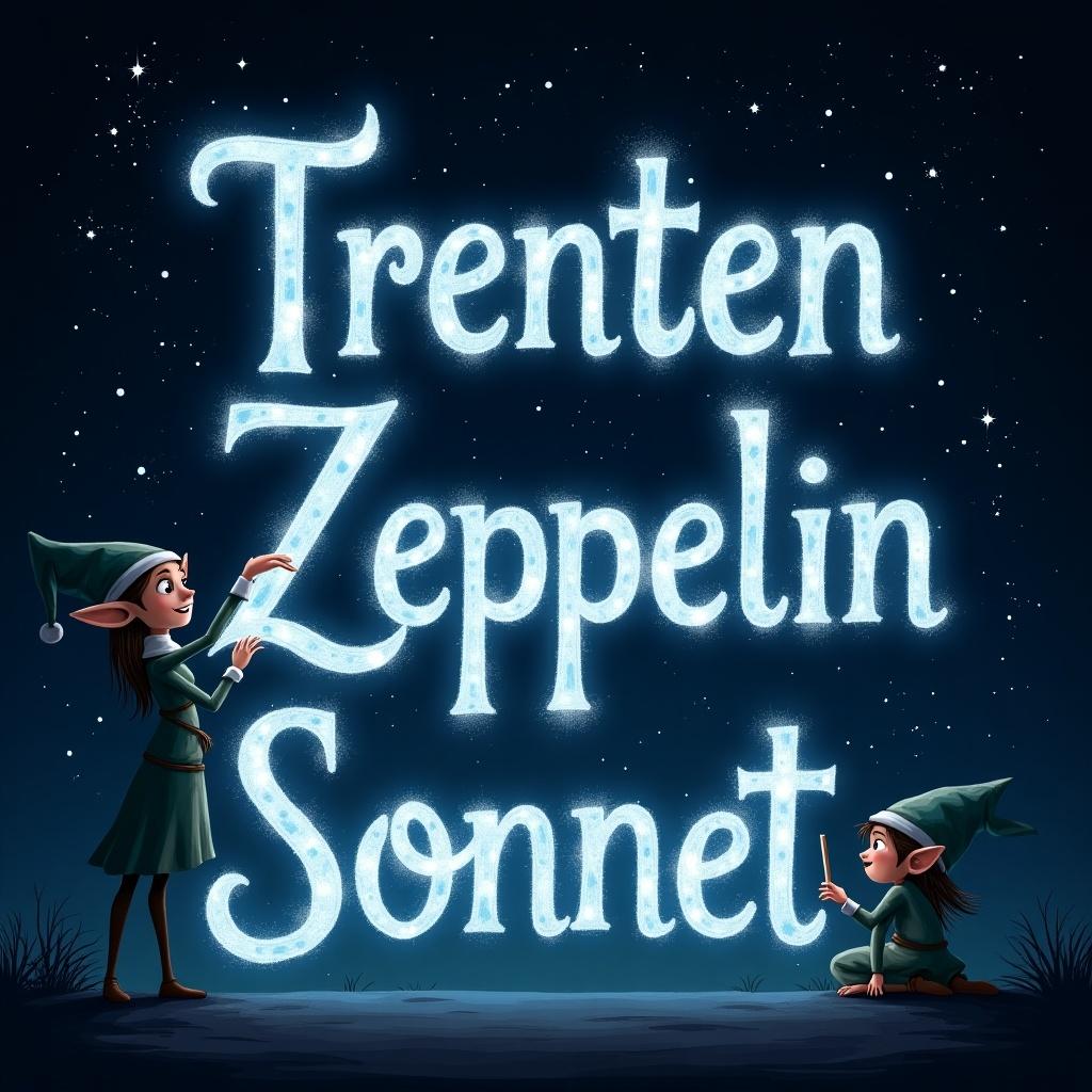 An enchanting scene featuring two elves in a starry night sky. One elf is delicately using a magical wand to write names in sparkling, glowing text. The names displayed are 'Trenten', 'Zeppelin', and 'Sonnet'. The dark background enhances the luminous white and light blue letters, creating a striking contrast. This whimsical depiction evokes a sense of wonder and invites viewers into a mystical fairy tale setting. The overall atmosphere is magical, captivating the imagination of all who gaze upon it.