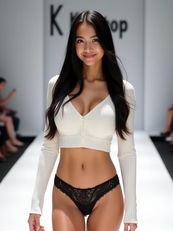 Young woman walks down catwalk wearing a white ribbed crop top and black lace thong. She smiles at the camera. Background shows Kira Shop sign.