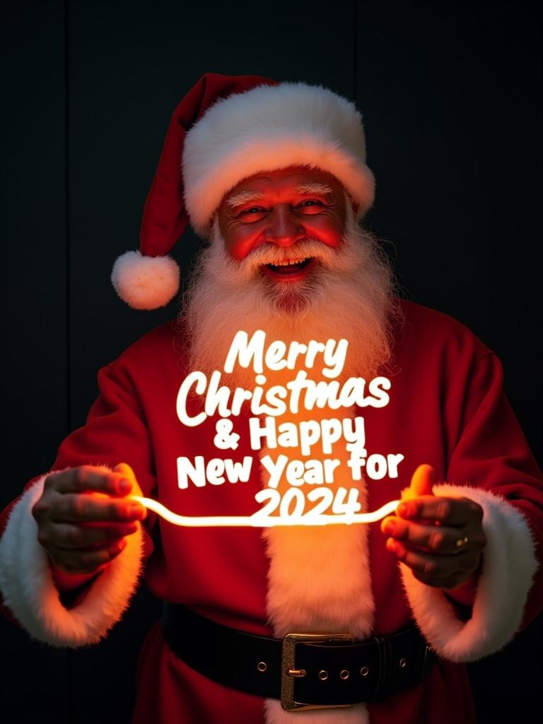 Santa Claus in a red and white suit. Holding a glow stick with bright text. Text says Merry Christmas & Happy New Year for 2024. Dark background enhances glow. Cheerful and warm atmosphere.