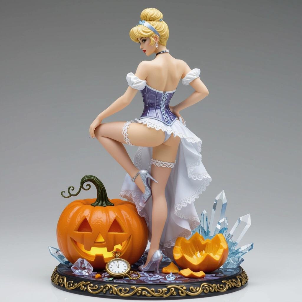 Ultra-detailed resin figure inspired by Cinderella. Sensual elegant blonde woman in a corset. One leg raised on a decorative magic pumpkin. Arranging garter belt with hands. Back arched, confident expression. Includes broken pumpkin, pocket watch, and magic crystal shards. Feminine, sensual, fantastical.
