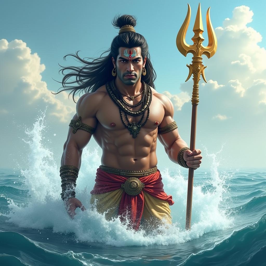 Powerful male figure in ocean. Hindu deity attire. Muscular build with elaborate jewelry. Long flowing dark hair. Holding golden trident. Wading in water with splash. Dramatic lighting and vibrant colors. Serene sky and clouds above.