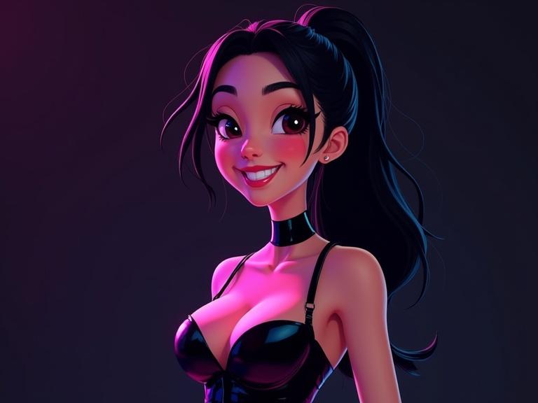 Animated cartoon portrait features a young Asian woman with a joyful expression and bright smile. Long dark hair styled in a high ponytail. Wearing a glossy dark purple-black corset top and matching bottom. Dramatic vibrant neon colors and lighting effect. Close-up angle emphasizing expression and posture. Cyberpunk style with detailed features.