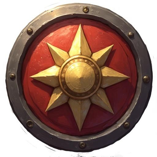 Round shield icon for a card game. Style influenced by World of Warcraft. Transparent background. Size 48 x 48 pixels. Features a red background, golden star, and black border.