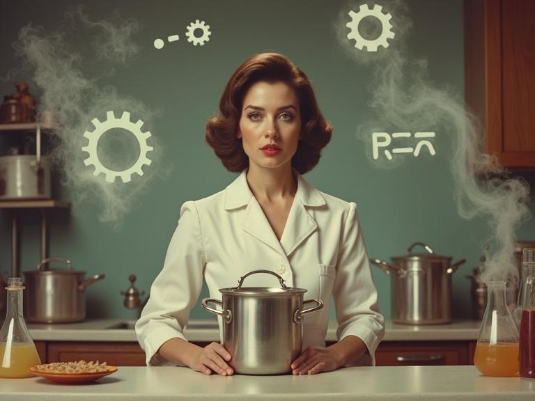 1960s kitchen and laboratory combined. Woman dressed in mid-century clothing stands behind a cooking set. Beakers and pots are present. Steam rises into the air creating symbols resembling formulas. The scene conveys intelligence and empowerment.