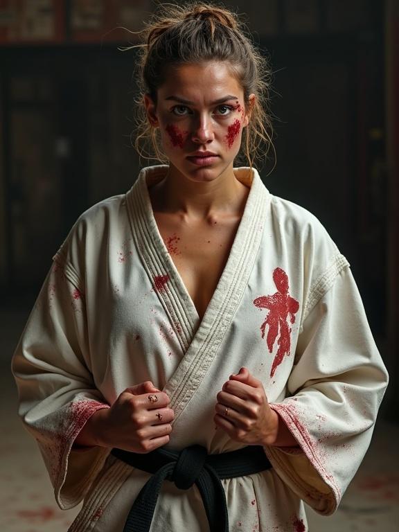 Full body image of a realistic athletic woman with cornrows hairstyle in a worn-out karate gi. The gi has bloody smudges. She exhibits heavy bruises on her face. The expression shows exhaustion but also a fierce focus to win the fight. Her fists are bloody and raised. The backdrop resembles a fighting arena.