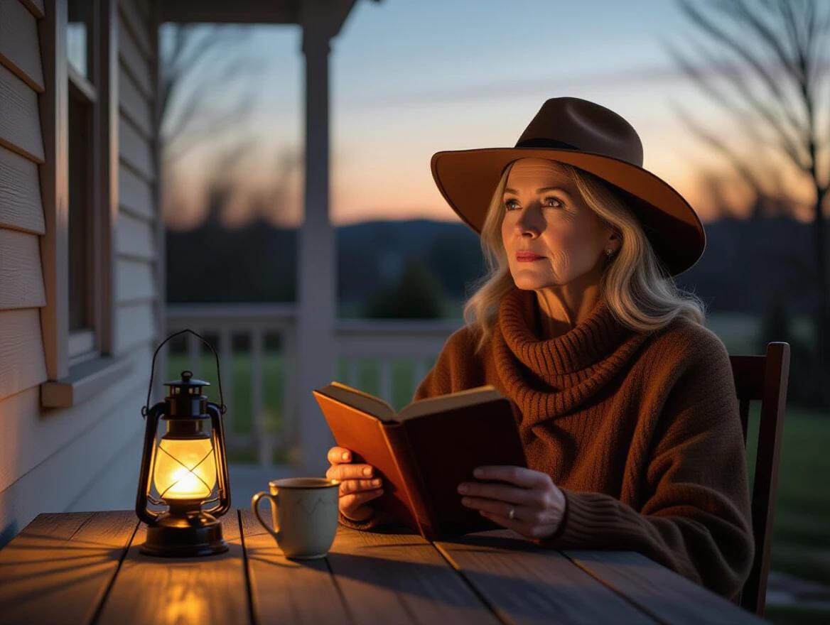 Cinematic still of a woman on a wooden porch during dusk. She wears an earth-toned hat and a loose sweater. In one hand, she holds a leather journal and in the other a ceramic mug. A lantern glows beside her. The porch has an old rocking chair with peeling paint. A gravel path leads into a misty forest. Fading sunlight casts purples and blues in the background, while the lantern's light warms the scene.