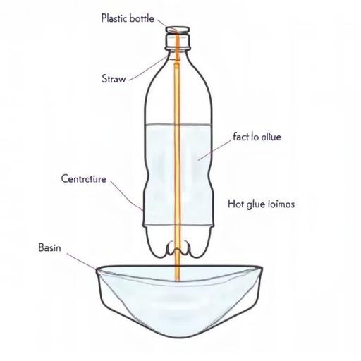 Simple schematic illustration of Heron's Fountain variation. Constructed from plastic bottles, flexible straw, hot glue, and water. Taller central column with stacked bottles. Each component clearly labeled: plastic bottle, straw, hot glue joints, basin, connecting tube.