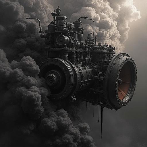 2D art depicting an industrial engine turbine surrounded by thick smoke with an explosive appearance
