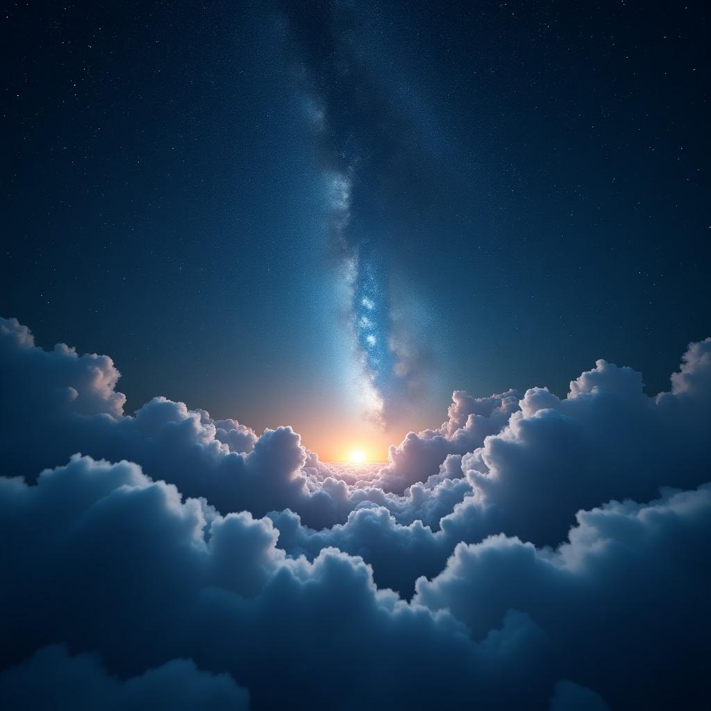 A night sky scene featuring a tunnel disappearing into the horizon. Bright light at the end of the tunnel surrounded by clouds. Dark blue and purple colors dominate the sky.