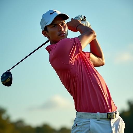 Photograph of a golfer swinging a club. Golfer wears a golf shirt and cap. Shot taken outdoors during the day with a clear sky. Focus on capturing motion and athleticism with vibrant colors and dramatic lighting.
