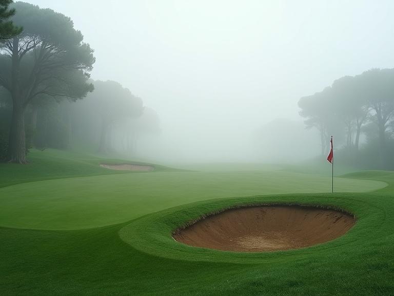Foggy early morning golf course on French Riviera. Soft mist clings to fairways and surrounds half-built bunker. Pine trees frame the scene. Damp grass and crisp air create a hushed atmosphere. Includes fluttering golf flag.