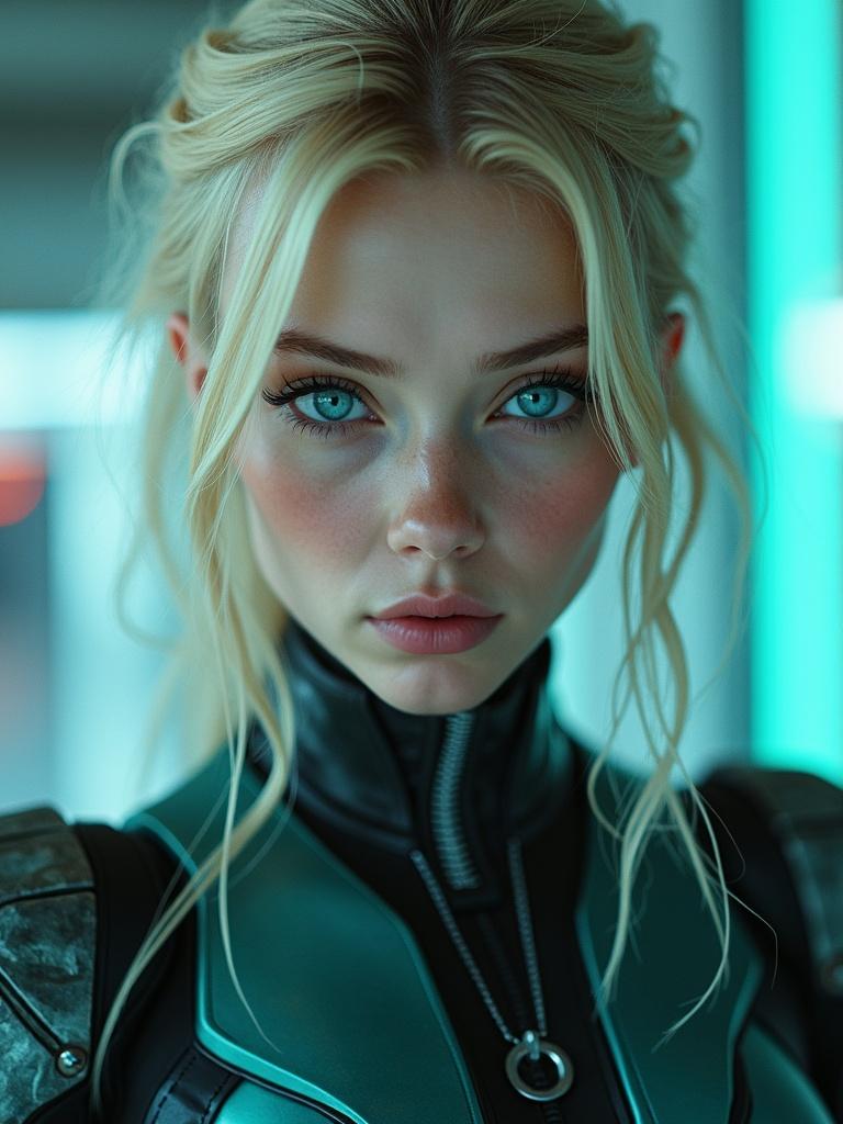 Futuristic girl with blonde hair in a sleek outfit. Equipped with advanced cybernetics. Elegant teal and black plating. Full body photorealistic capture. Shot from a 2-meter distance.