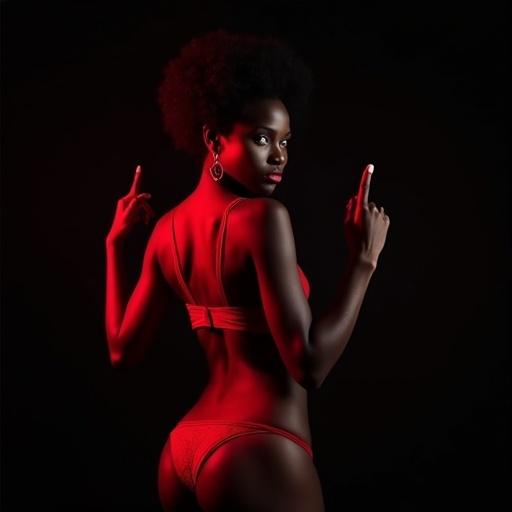 Sensual fashion portrait of a confident Black woman wearing red lingerie in a dark setting. She is slightly turned with a seductive expression. Her body is lit with red and white lighting against a black background. She holds fingers raised, symbolizing a secret technique. Mood is mysterious and powerful. Include text in bold typography with glowing edges. The model appears elegant and tasteful.