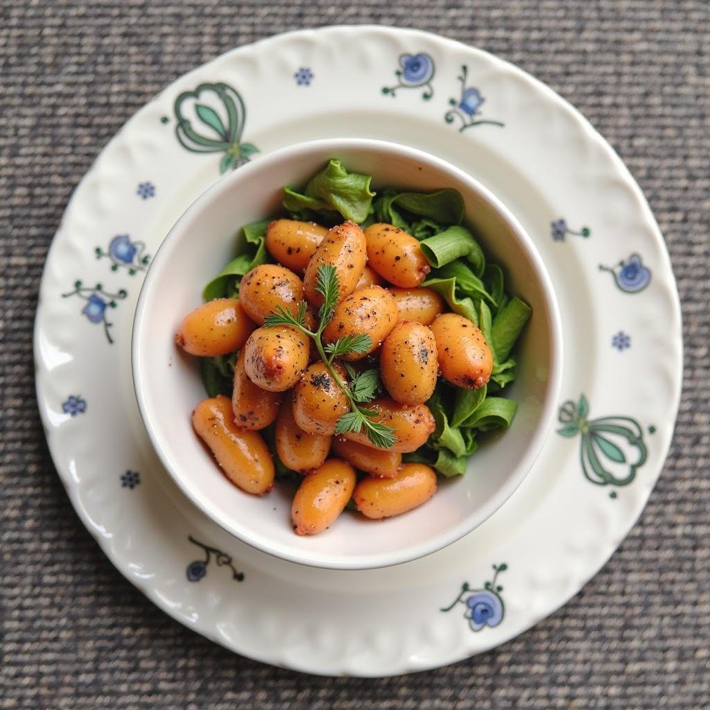 A dish featuring a bowl of orange beans served on a bed of green leaves. The bowl is decorated with a sprig of herb. The setting includes a floral-patterned plate, showcasing a colorful and healthy meal.