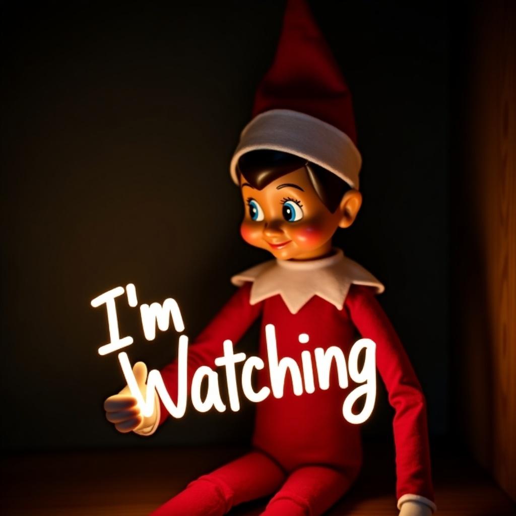 Image features an elf character dressed in red and white. Elf holds a glow stick forming the phrase I'm Watching. Background dark enhances the glow. Scene creates a warm festive atmosphere. Evokes feelings of magic and joy associated with Christmas.