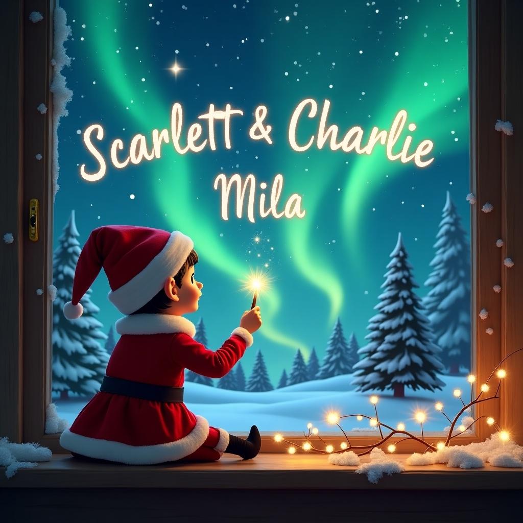 Elf on the shelf facing the sky. Writing in the sky with a wand. Magical Christmas scene with northern lights. Cozy window view. Names Mila and Roman elegantly written in the air.