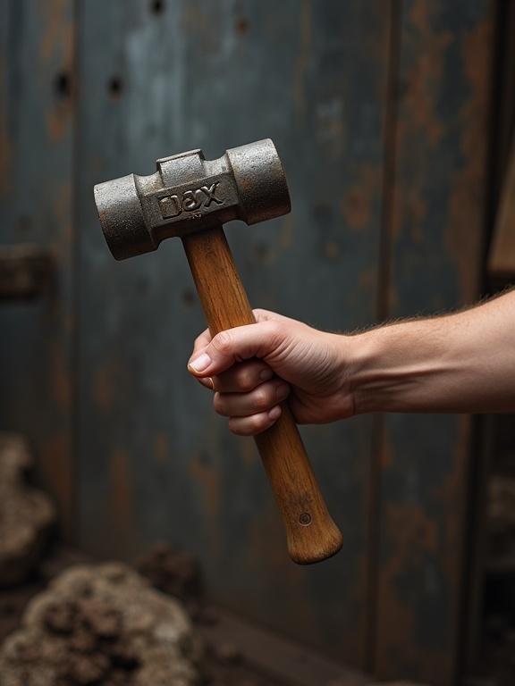 Hand gripping a large metal sledge hammer viewed from behind. Sledge hammer has a textured metal head and a wooden handle.