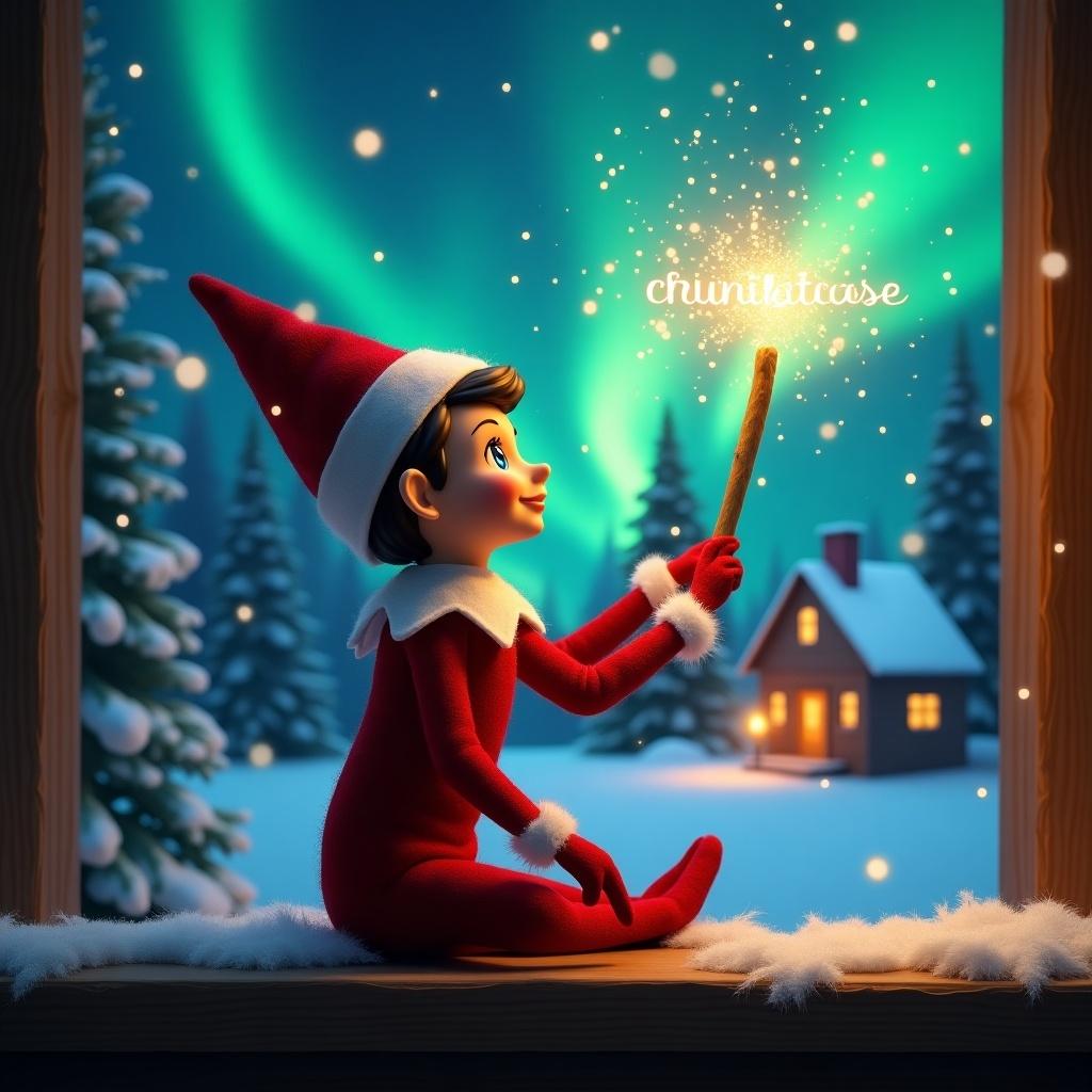 Elf on the shelf sits facing the viewer. Elf gazes skyward holding glowing wand. Colorful northern lights in the background. Cozy house seen in the distance. Snow covers the ground. Elf embodies magic and wonder of Christmas. Name Isla & Niko appears from the wand.