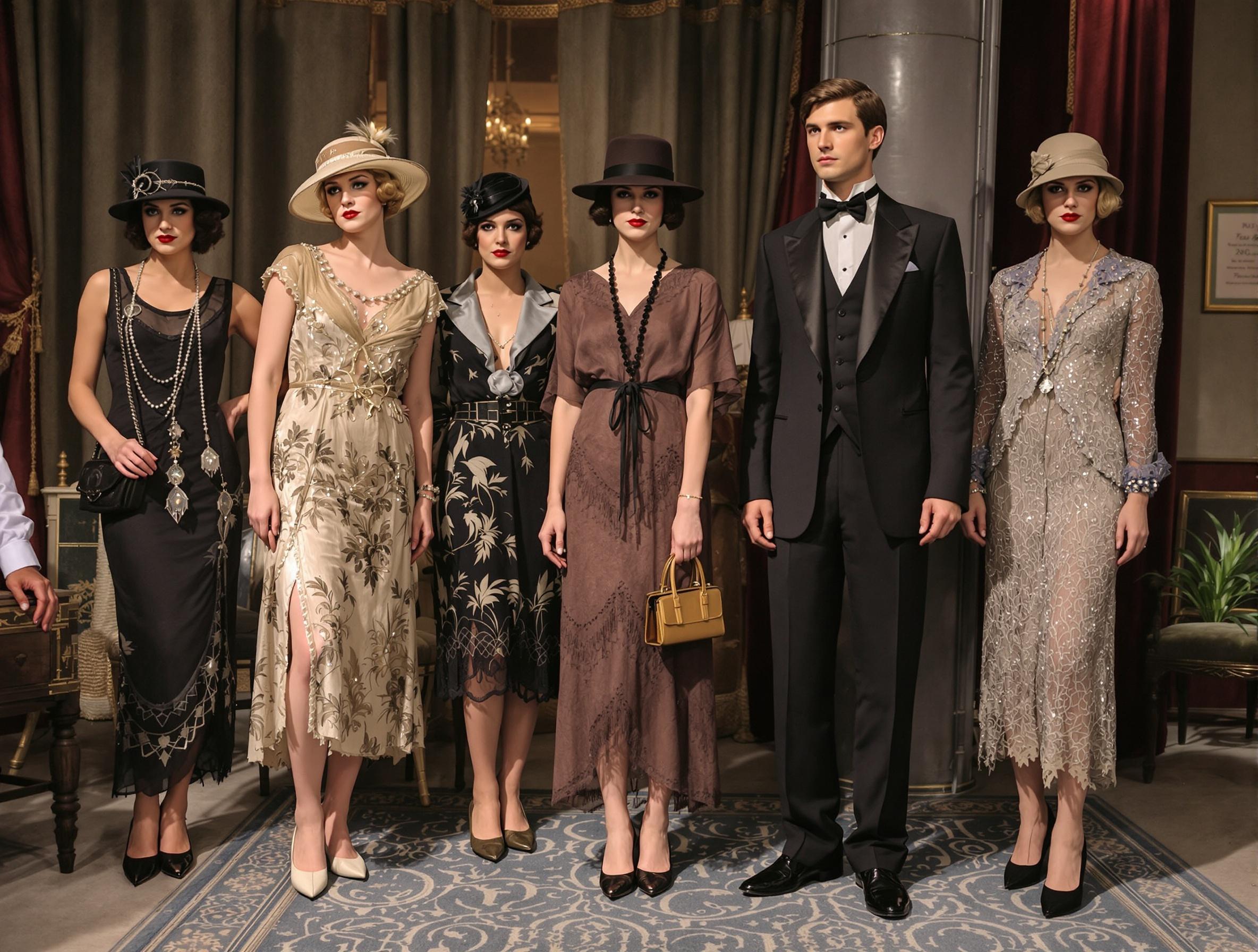 Vintage clothing display from the 1920s featuring flapper dresses and tailored suits. Elegant scene with classic styling in a period-accurate setting. Warm ambient lighting enhances the fashion details.