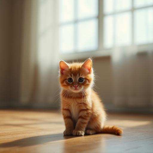 A small fluffy ginger kitten sits alone in an empty room. The space is tidy with smooth hardwood floors and clean, neutral-toned walls. Soft natural light filters through sheer curtains on a large window, casting gentle shadows. The kitten's vibrant orange fur stands out against the muted background. Its big round eyes glisten with loneliness. Tiny paws are tucked beneath it, ears slightly drooped, and tail wrapped around itself. The atmosphere is serene yet melancholic, emphasizing the kitten's solitude in this polished but lifeless space.