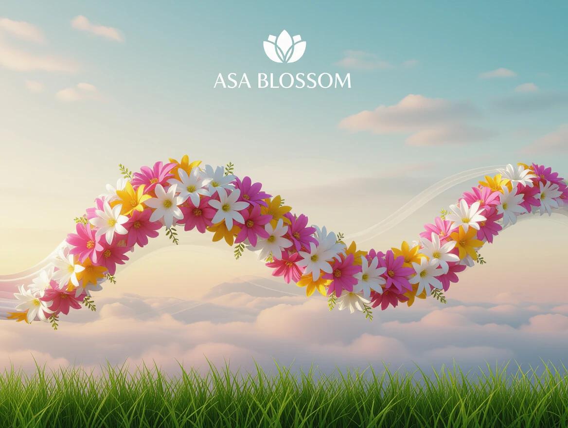 Wavy line of flowers in soft vivid colors creates a magical and surreal scene. Logo ASA BLOSSOM displayed prominently at the top. Tall grass is positioned at the bottom against a soft cloud background.