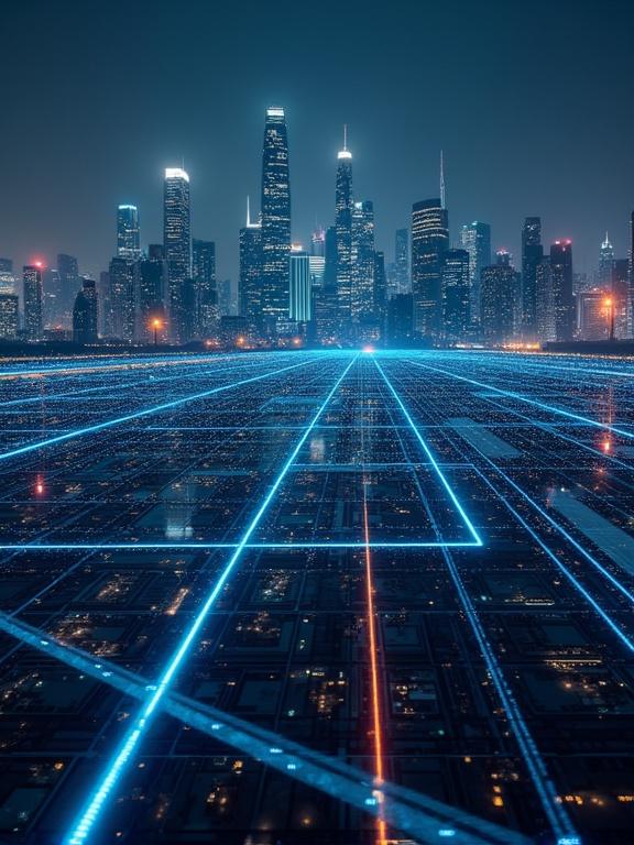 High-tech skyline with glowing grid lines. Neon lights illuminate a futuristic cityscape at night. Low-angle view captures the grid leading towards skyscrapers.