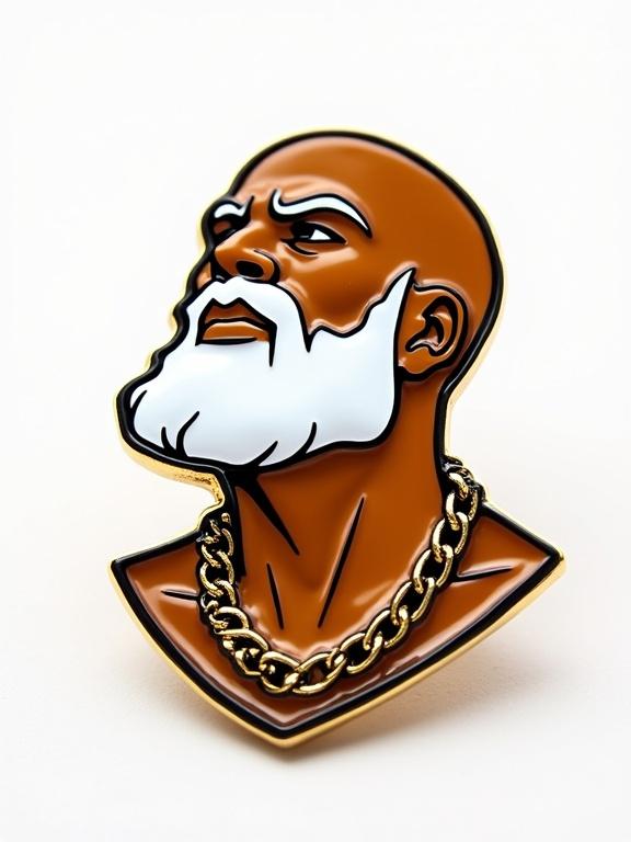 Close-up of an enamel pin depicting a chest-up portrait of a bald man with a white beard. The figure looks upward and to the right. Warm brown tones for skin and white highlights. Surrounded by a gold border with gold chains around the neck. Solid white background highlights the pin's detail and glossy finish.
