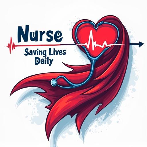 Dynamic t-shirt design showcasing a stethoscope becoming a red superhero cape. Incorporates a heart-shaped heartbeat line in white. Text reads 'Nurse: Saving Lives Daily' in bold navy blue font. Vector style with subtle comic-book shading, transparent background.
