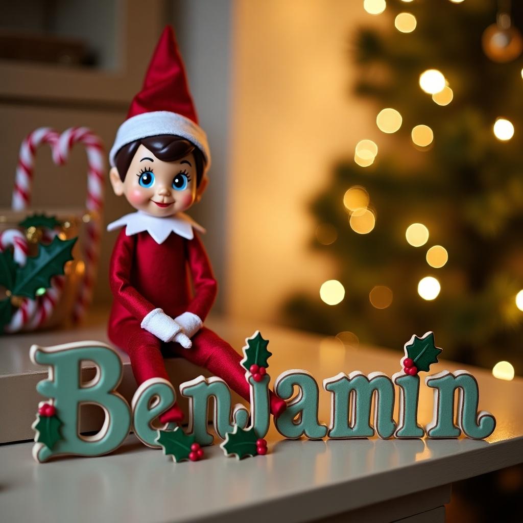 Elf doll named Benjamin sits beside the name 'Benjamin' decorated with holly. Background features a blurred Christmas tree.