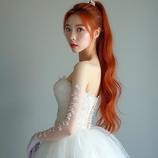 Korean woman wearing a beautiful wedding dress. Long ponytail hairstyle with red hair. She has blue eyes. She is wearing white stockings and gloves. Full body portrait in an elegant pose.