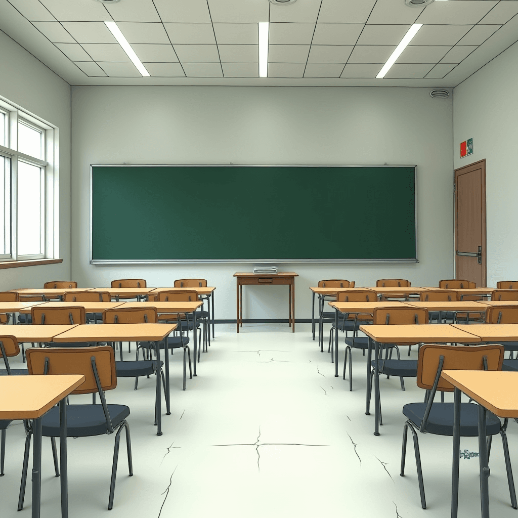 An empty classroom featuring rows of neatly arranged desks and a green chalkboard.