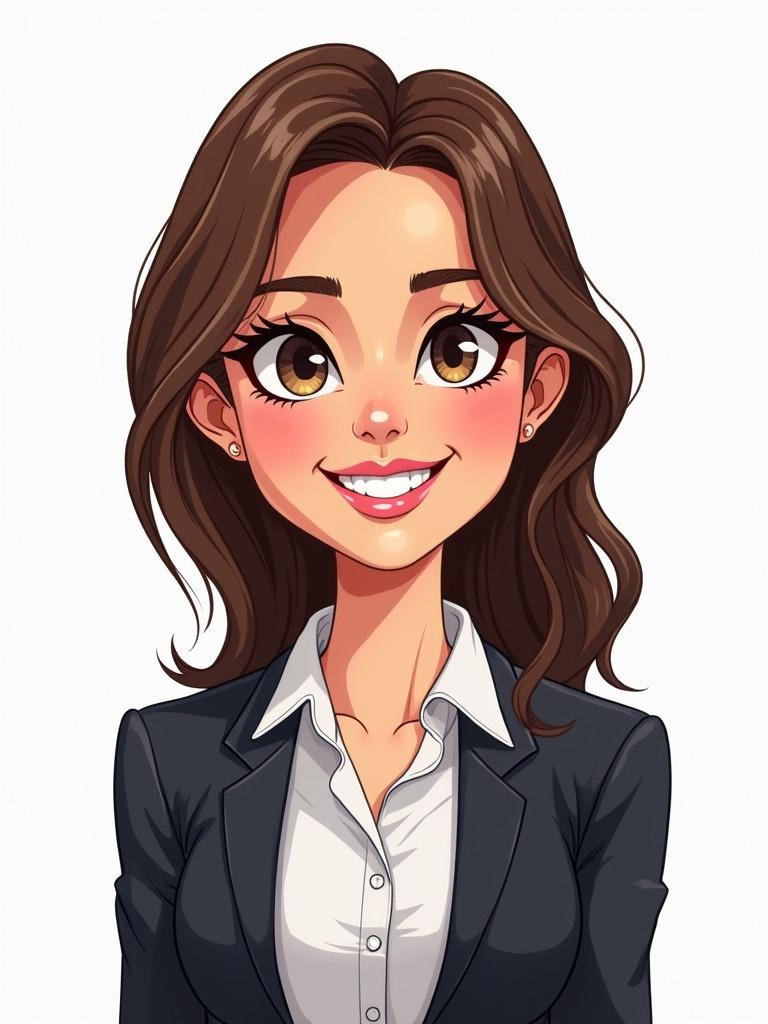 Professional female avatar designed in a cheerful manner. Avatar depicts a woman in her 30s dressed in a formal outfit. Designed using mixed media style with a clean and modern look.