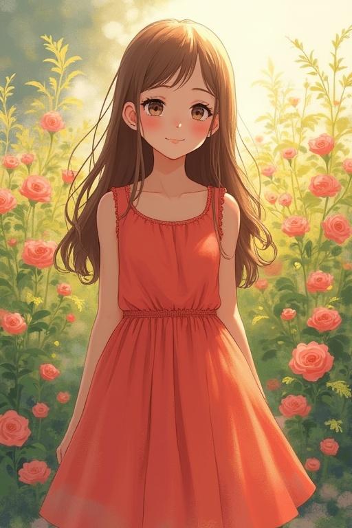 Cute girl in a light red dress standing in a flower field. Sunlight shining on her face. Long brown hair flowing. Surrounded by blooming flowers in the background. Impressionist painting style with pastel tones.