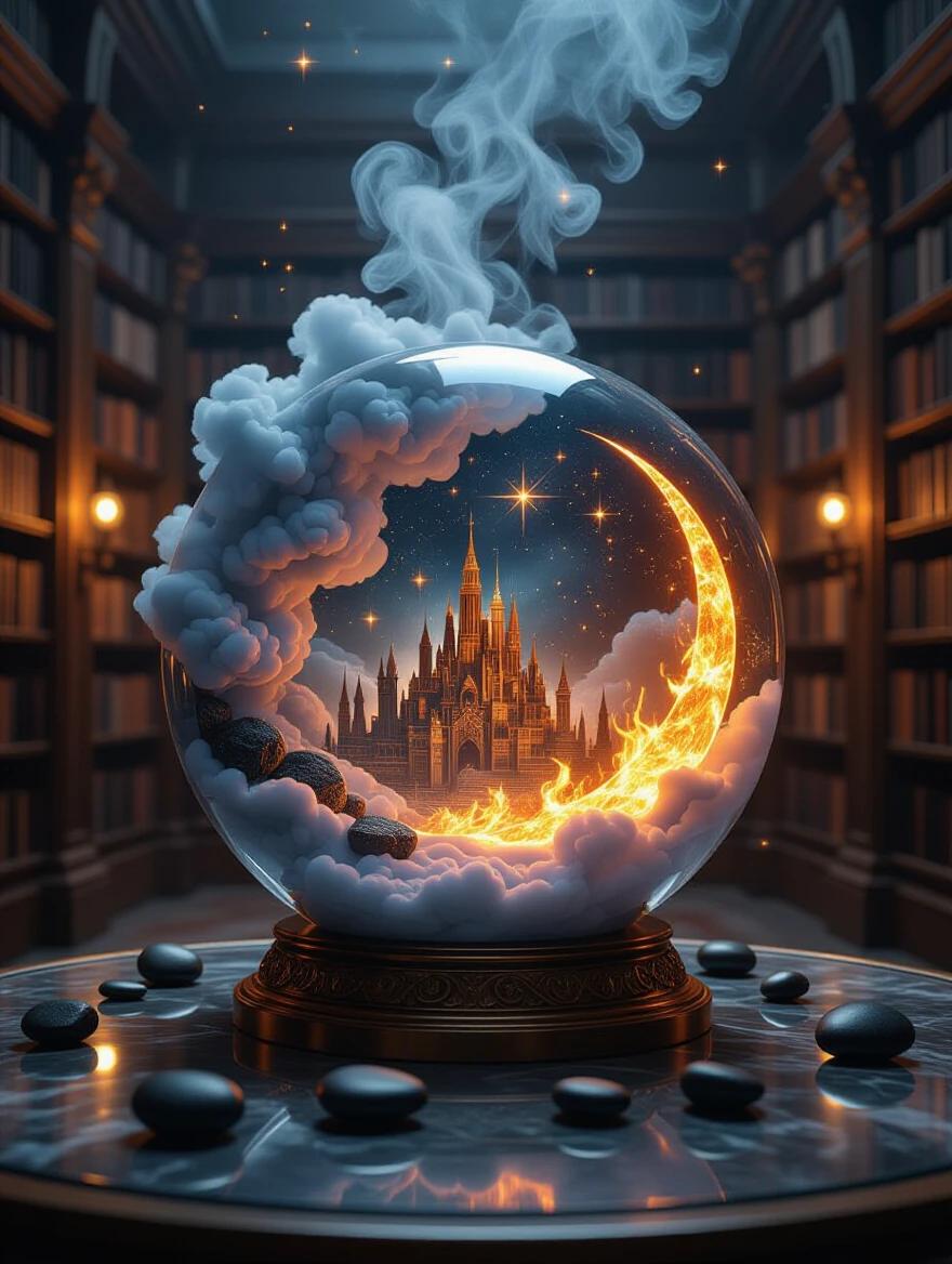 A glass sphere rests on a library table. Thick smoke and flames rise inside. Black stones surround the base. A crescent moon formed of clouds and fire is visible. A magical city is within the sphere. Stars twinkle in the night sky. Potions fly about. High-quality magical theme displayed.