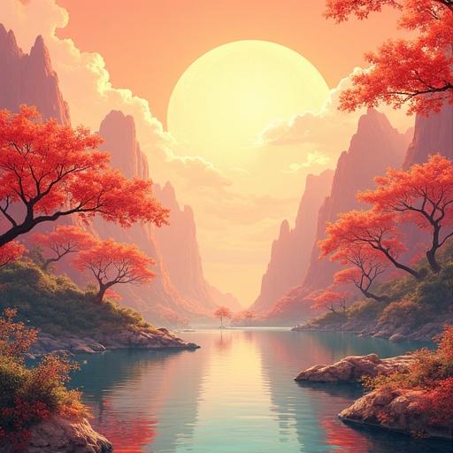 A serene landscape featuring a tranquil river under a sunset sky. Bright orange and red hues dominate the scene, with a reflection in the water. Lush greenery and mountains create a beautiful backdrop. Emphasizes a peaceful natural setting for relaxation.
