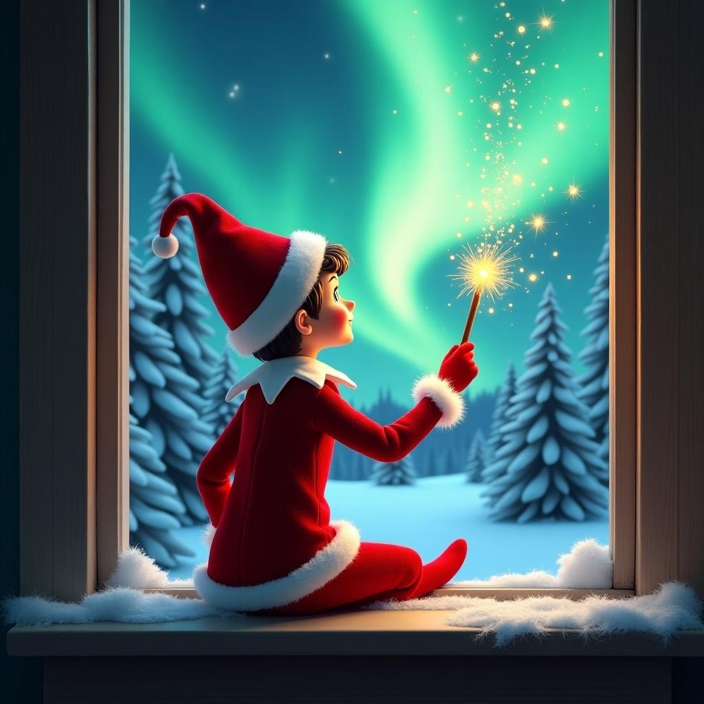 The image showcases an elf on the shelf seated on a window ledge. The elf faces the viewer with back turned. A magical wand creates sparkling twinkles. Northern lights illuminate the scene. Snow-covered pine trees fill the background. The elf wears a red outfit with white trim. The atmosphere is festive and magical.