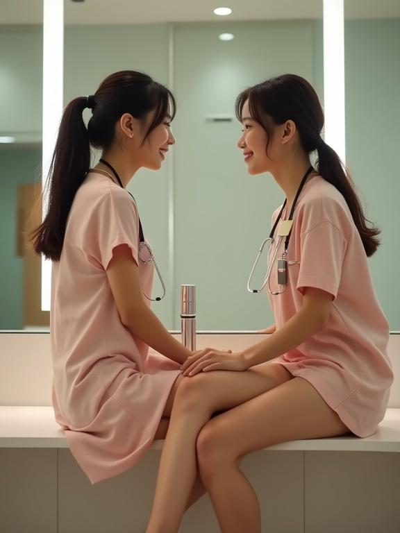 Petite female doctor wearing light pink linen t-shirt and heels sitting on a counter in a mall. Engaging in conversation with a female patient. Softly lit bathroom environment with a professional touch.