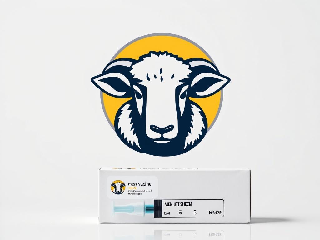 This image features a stylized depiction of a sheep logo above a box labeled with 'men.vacine.' The logo is simple, with a sheep’s head in dark outlines against a circular yellow background, creating a bold visual focal point. The box, suggesting a medical product, implies an agricultural veterinary theme, likely a vaccine for livestock.