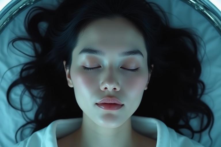 Extreme close-up of a serene woman's face viewed from above with eyes closed. She has dark hair gently fanned around her head. Lighting is a soft blue glow highlighting facial features against blurred sci-fi background. The scene conveys beauty and stillness.