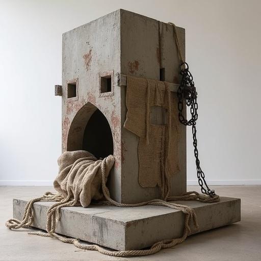 Ominous abstract sculpture inspired by medieval torture devices and BDSM. Created using concrete, wood, burlap, rope, steel, iron chains, and found objects. Influences of Anselm Keifer, Eva Hesse, and Richard Serra evident.