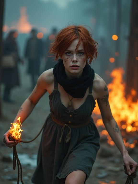 Photorealistic image depicting a young woman with short auburn hair and pale skin. She has a desperate expression. Wearing a tattered dress with burning ropes around her wrists. Dark blue flames engulf her hands. She's running from a burning gallows platform with chaos in the background.