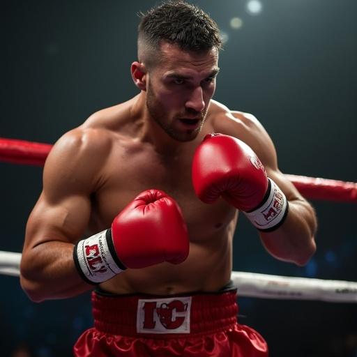 A boxing ring viewed from the side. A boxer is in focus with red gloves and focused expression. The scene has dramatic lighting.